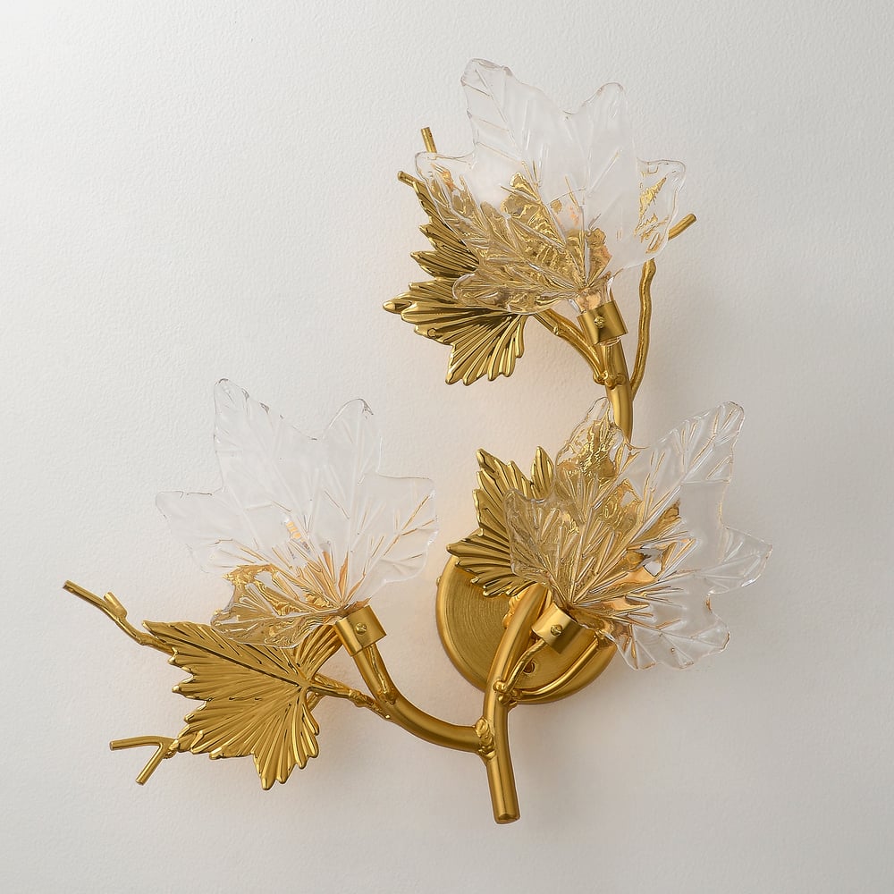 Gold Maple Leaf Wall Sconce – Elegant 3-Light Glass Shade Fixture, 18.1"