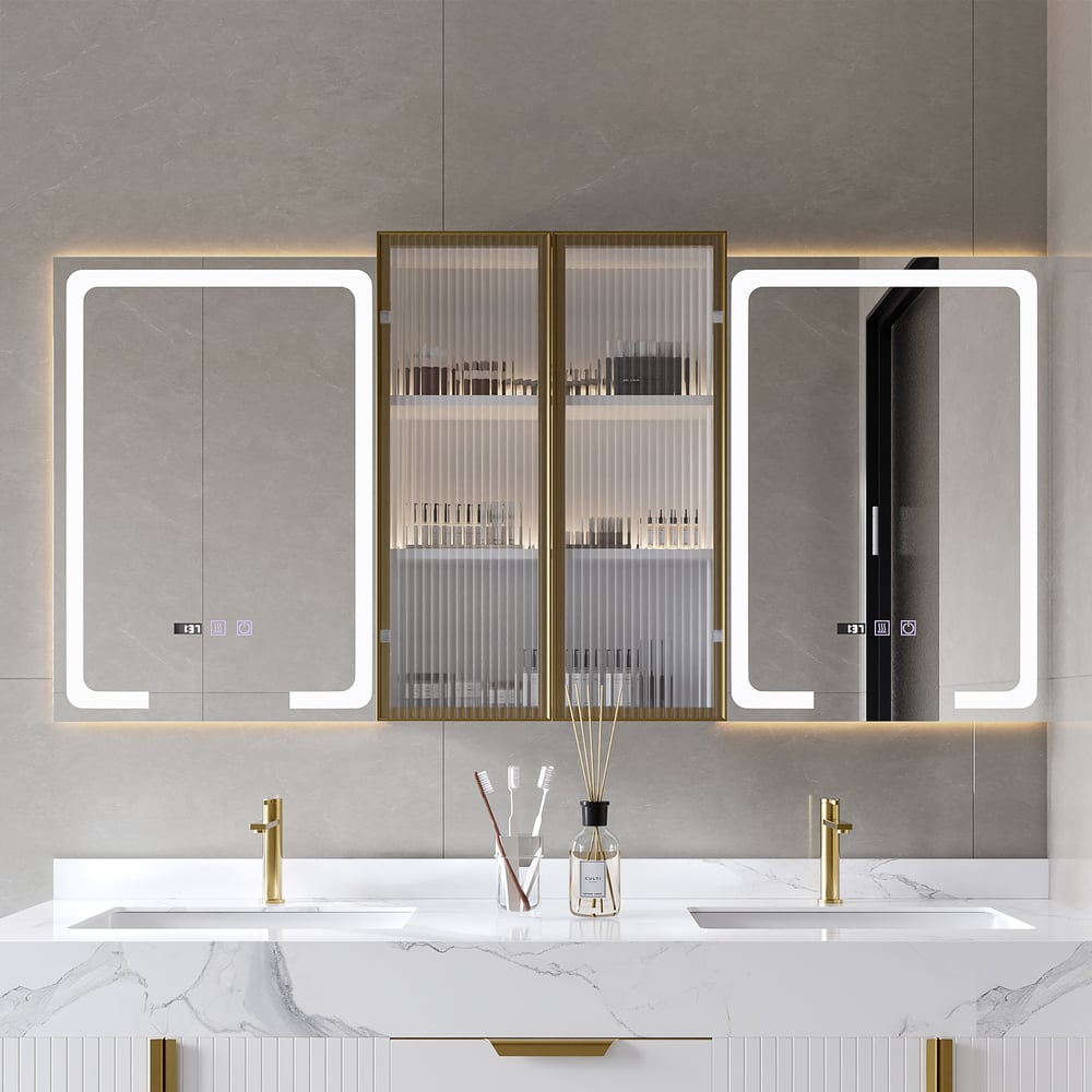 59" LED Lighted Medicine Cabinet Wooden Wall-mounted Bathroom Mirror with Doors window image