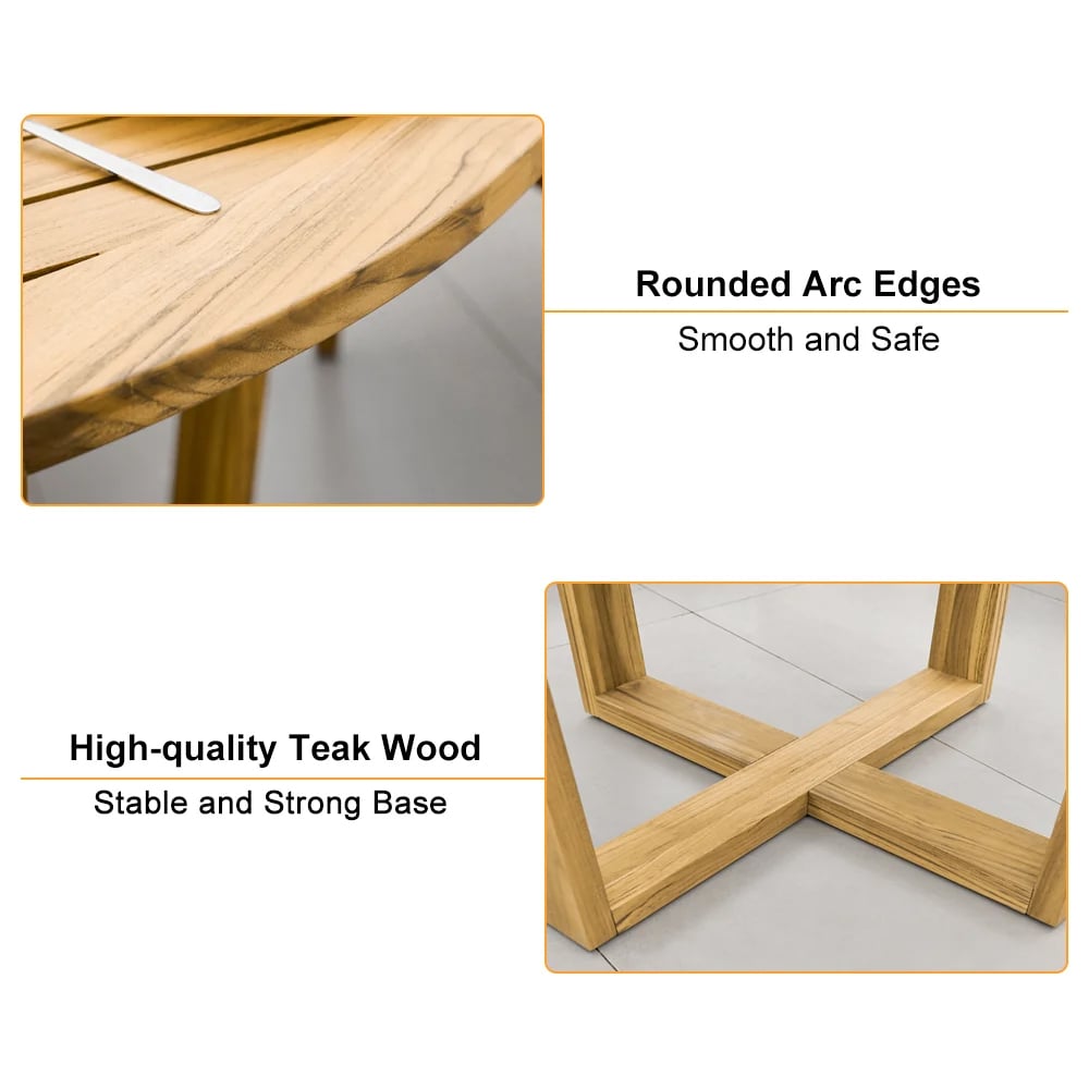 Moderní kulatý jídelní stůl z teakového dřeva pro 6 osob na venkovní terase v přírodním provedení obrázek okna