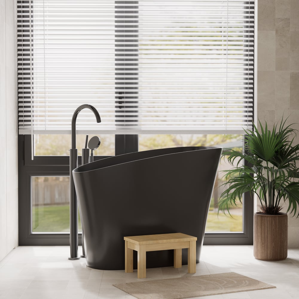 47" Japanese Modern Irregular Freestanding Stone Resin Soaking Bathtub Black