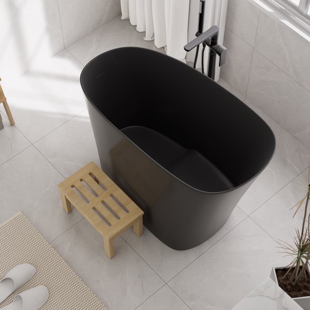 47" Japanese Modern Irregular Freestanding Stone Resin Soaking Bathtub Black