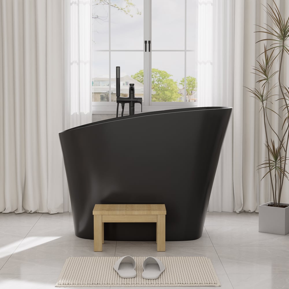 47" Japanese Modern Irregular Freestanding Stone Resin Soaking Bathtub Black