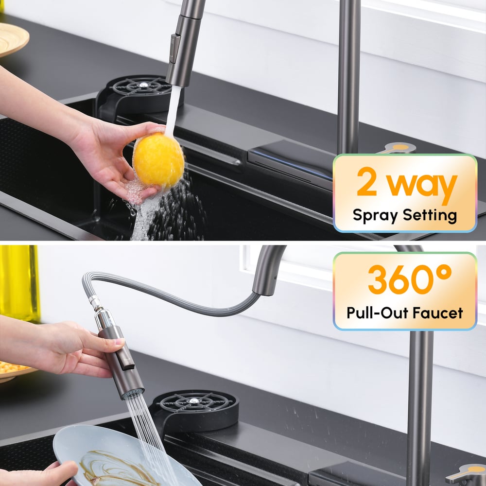 29" Drop-in Workstation Kitchen Sink with Pull-Out Faucet & Waterfall Feature