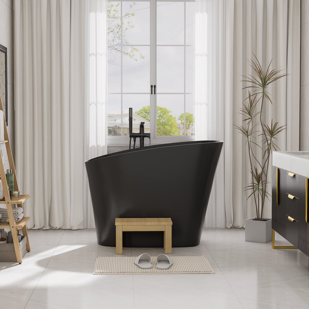 47" Japanese Modern Irregular Freestanding Stone Resin Soaking Bathtub Black