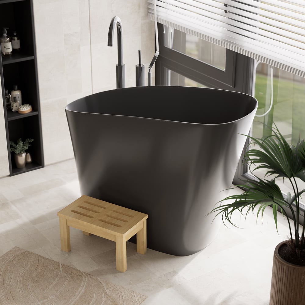 47" Japanese Modern Irregular Freestanding Stone Resin Soaking Bathtub Black