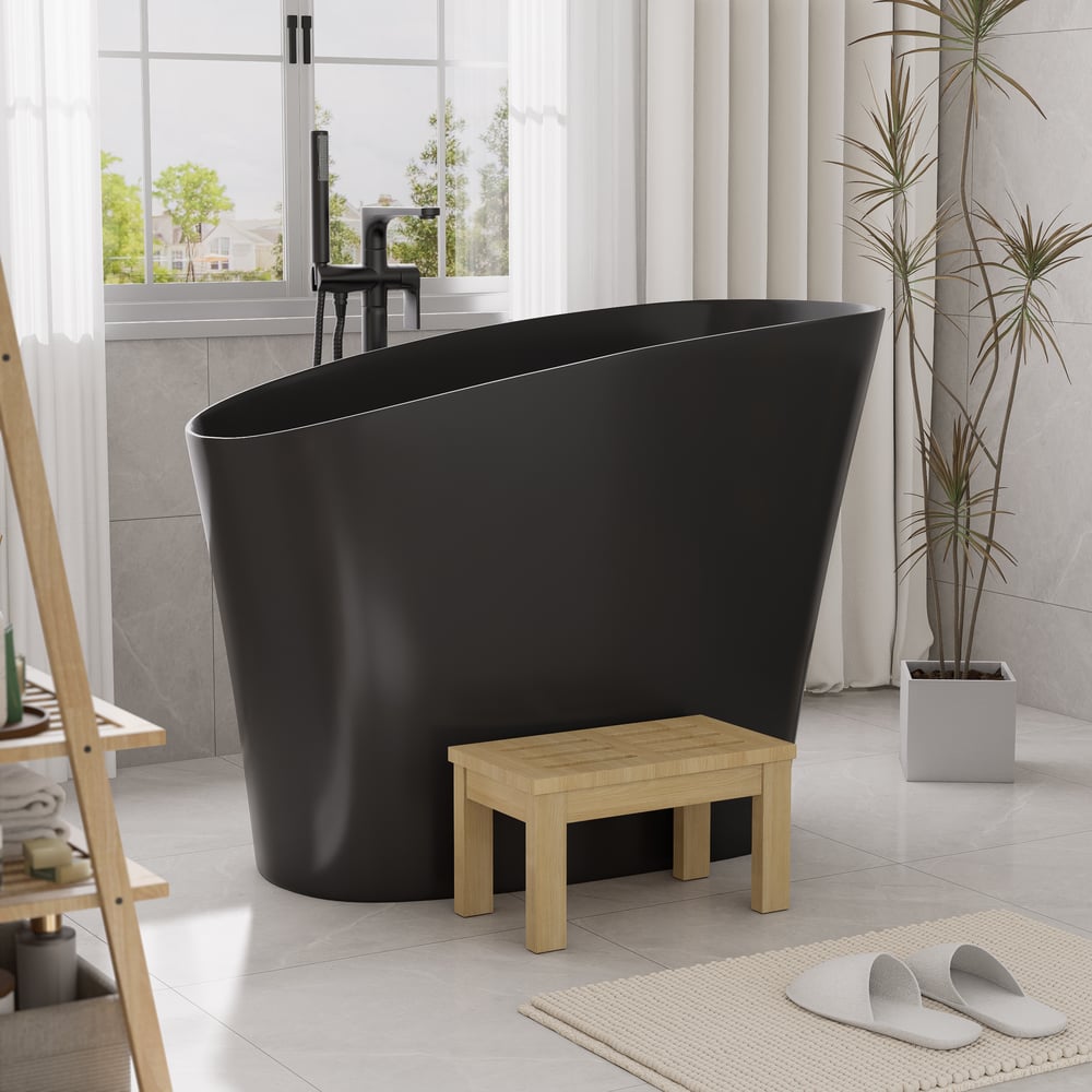 47" Japanese Modern Irregular Freestanding Stone Resin Soaking Bathtub Black
