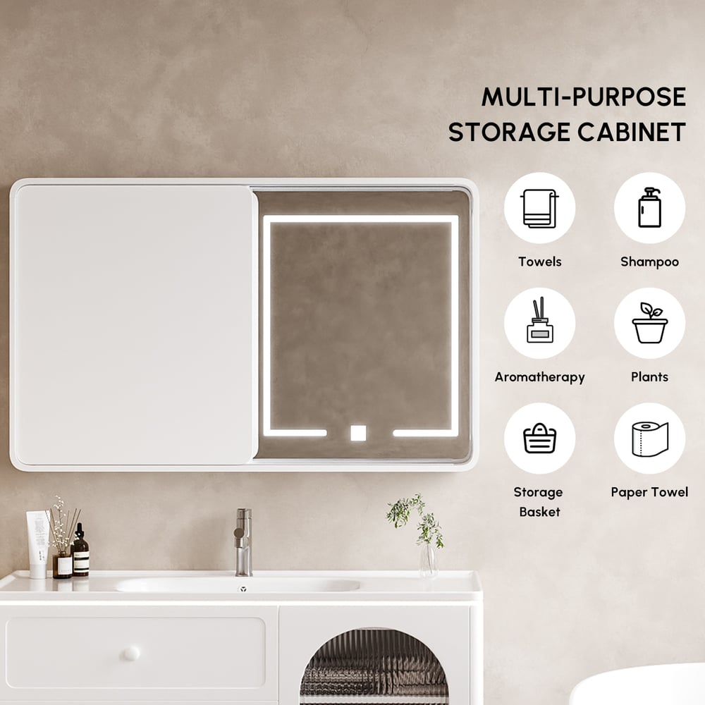 Armoire miroir salle de bain LED 120 cm avec portes coulissantes et rangements image de fenêtre