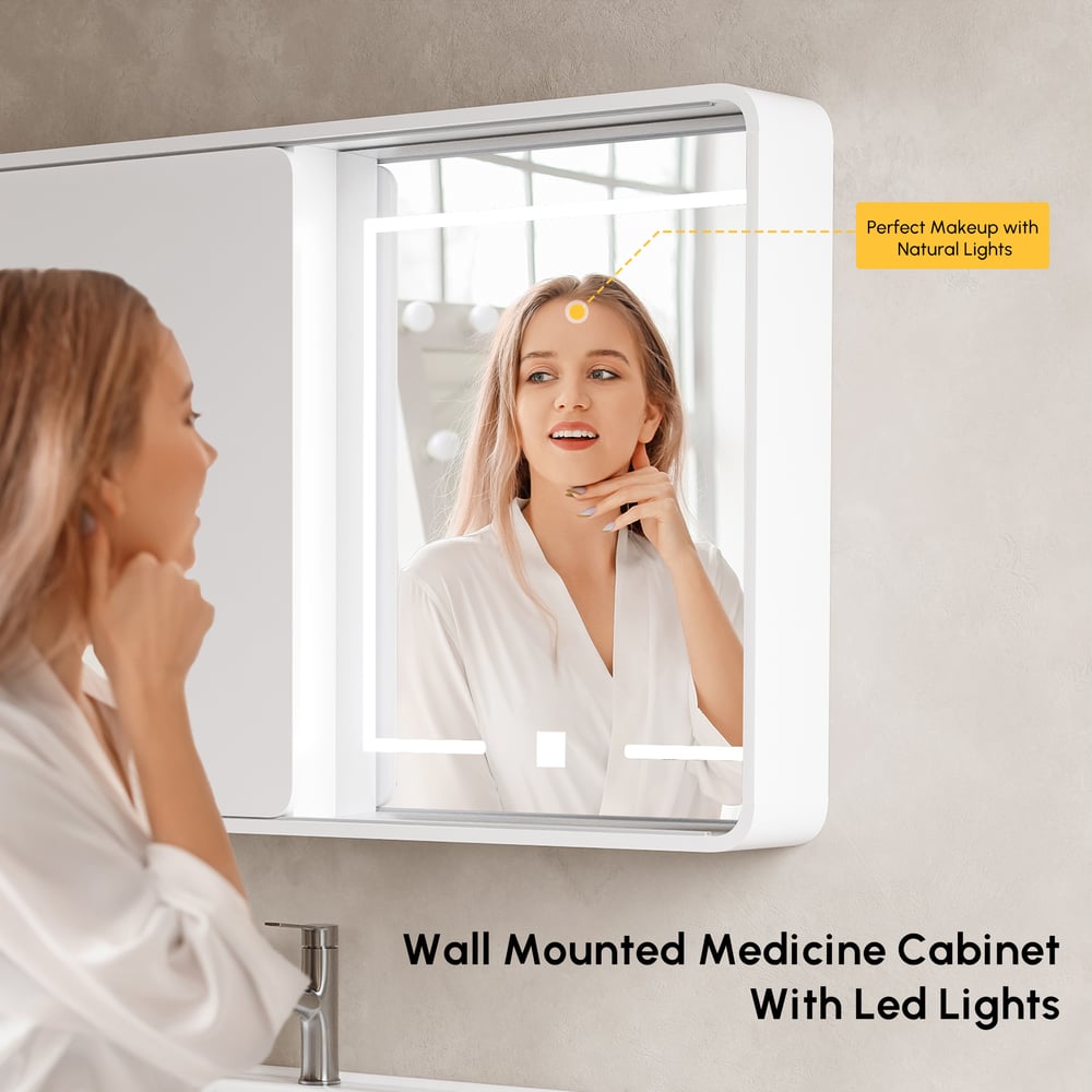 Armoire miroir salle de bain LED 120 cm avec portes coulissantes et rangements image de fenêtre