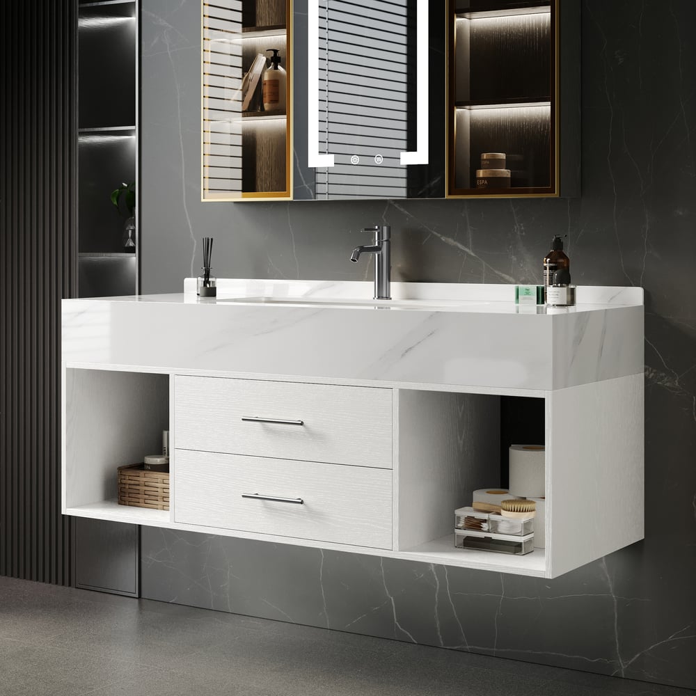 900mm Floating Bathroom Vanity with Sintered Stone Vessel Sink with 2 Drawers in White
