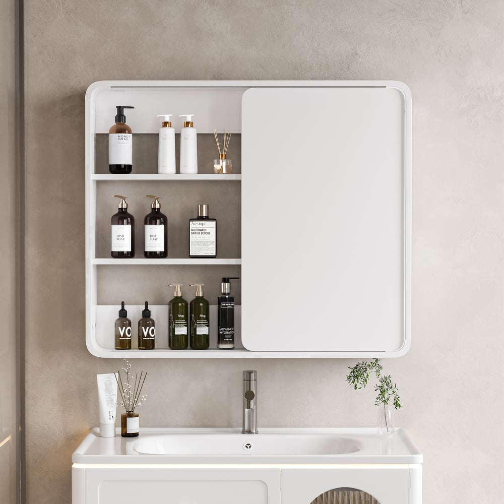 80cm LED bathroom mirror cabinet with sliding door and hidden storage window image