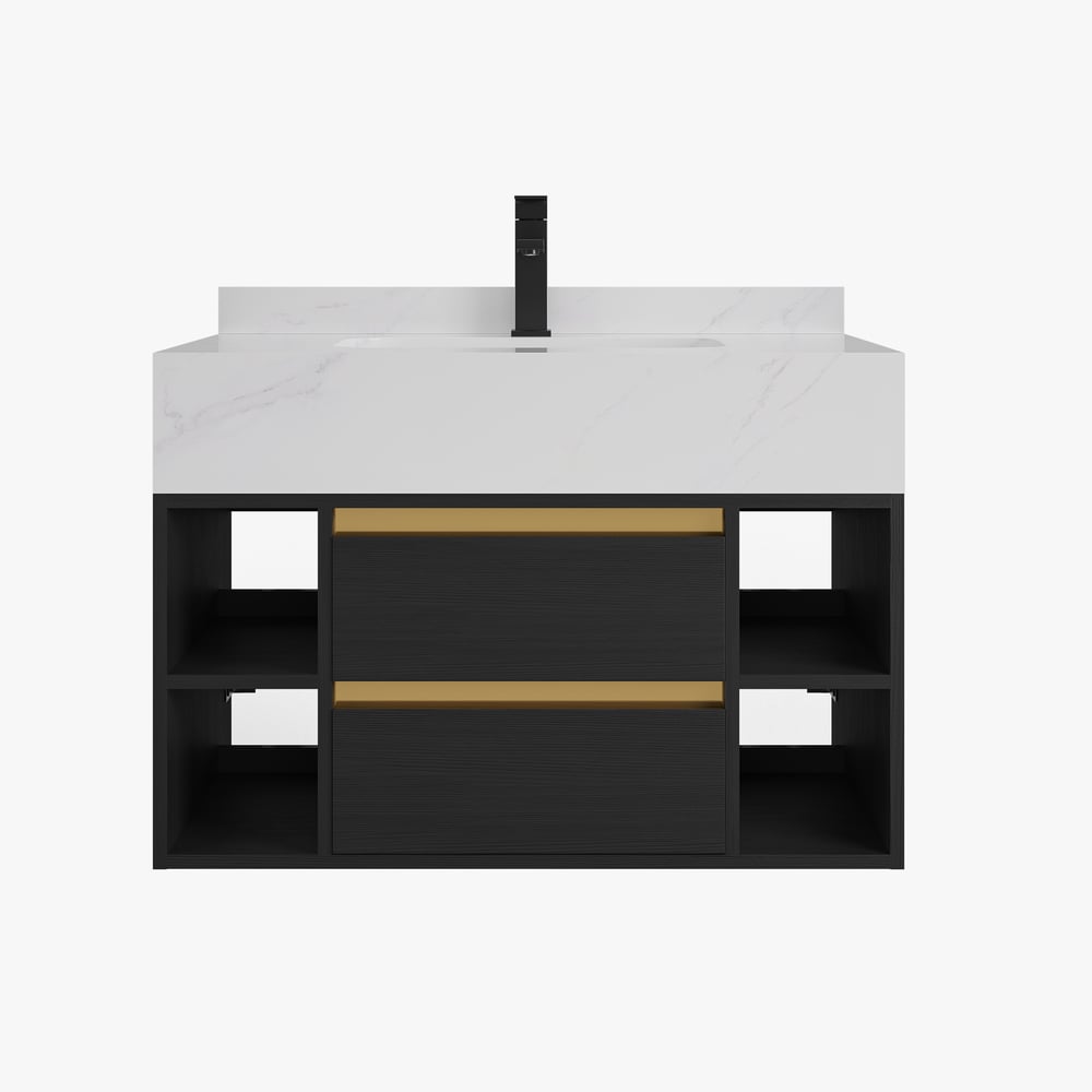 800mm Floating Bathroom Vanity Set with Ceramic Basin 2 Drawers & Open Shelves in Black