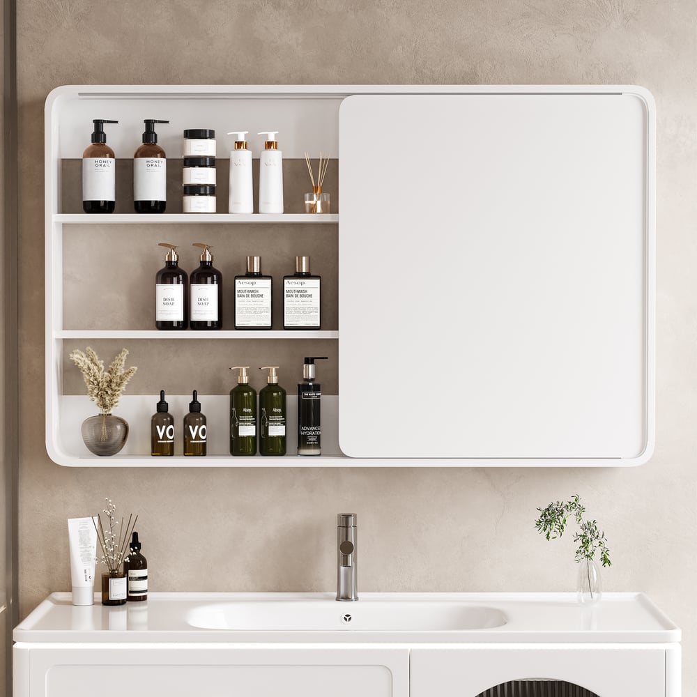Armoire miroir salle de bain LED 120 cm avec portes coulissantes et rangements image de fenêtre