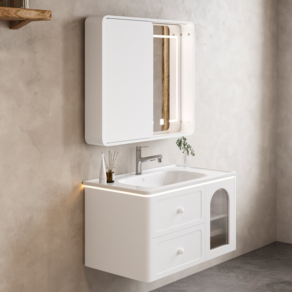 80cm LED bathroom mirror cabinet with sliding door and hidden storage window image