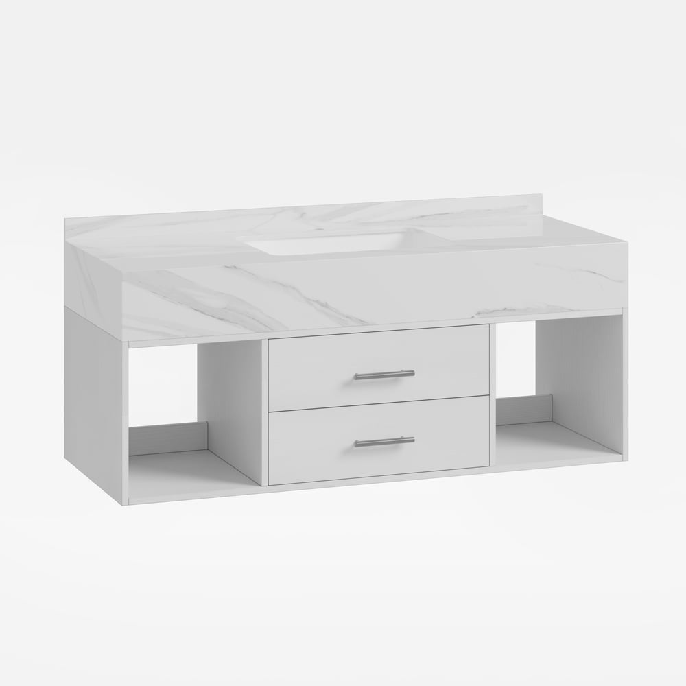 900mm Floating Bathroom Vanity with Sintered Stone Vessel Sink with 2 Drawers in White