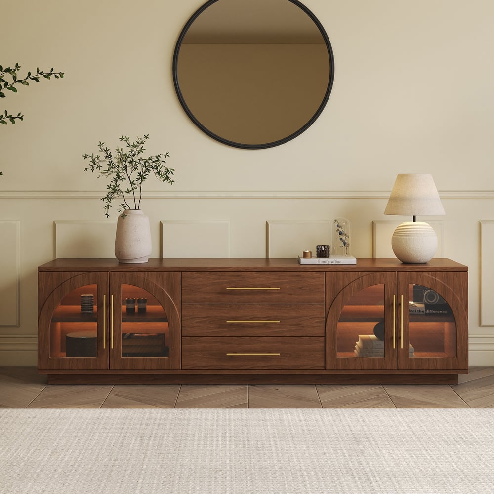 Meuble TV Arune, 1830mm, portes cintrées en verre, ensemble de table basse avec rangement et LED image de fenêtre