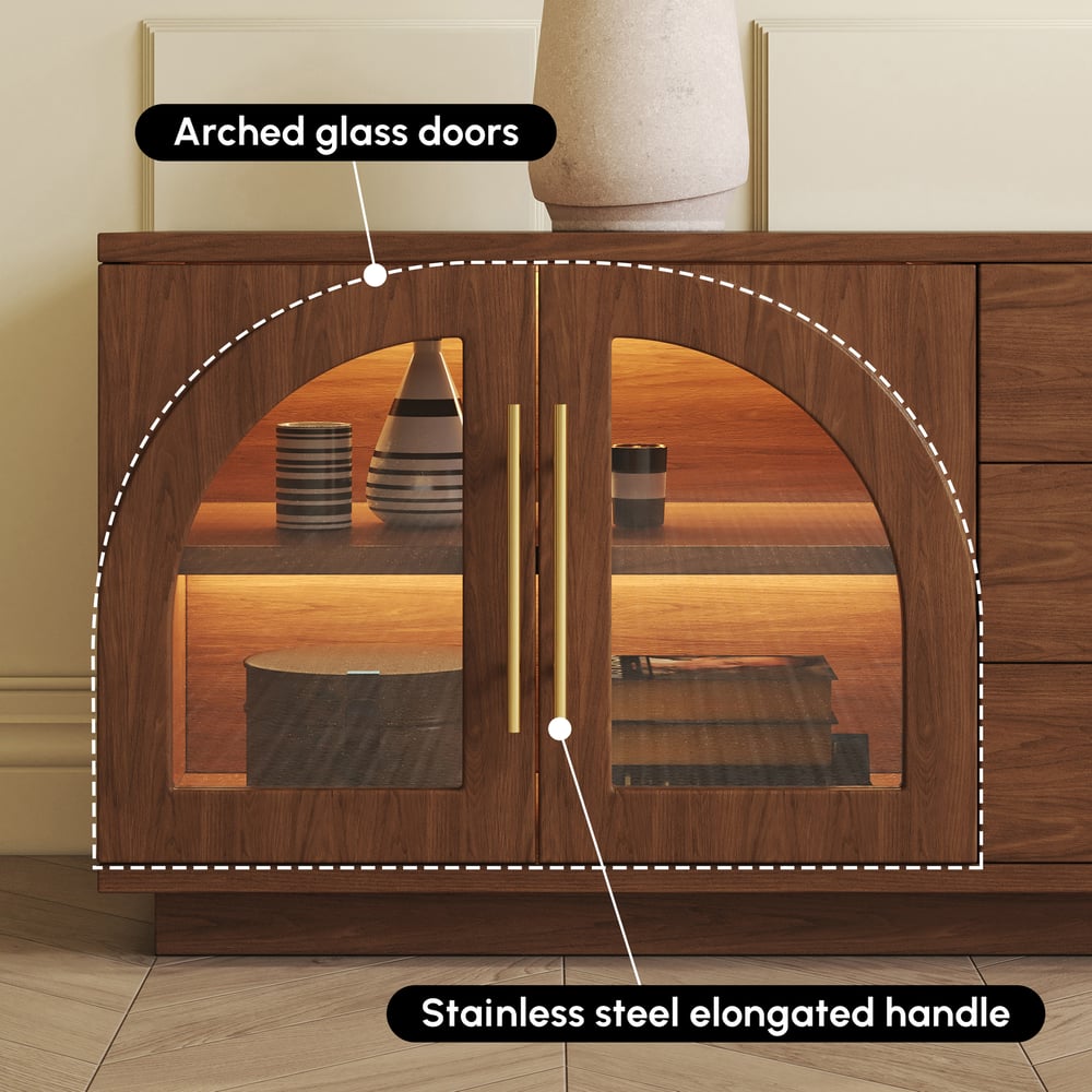 72" Arched Glass Doors Walnut TV Stand with Storage and LED