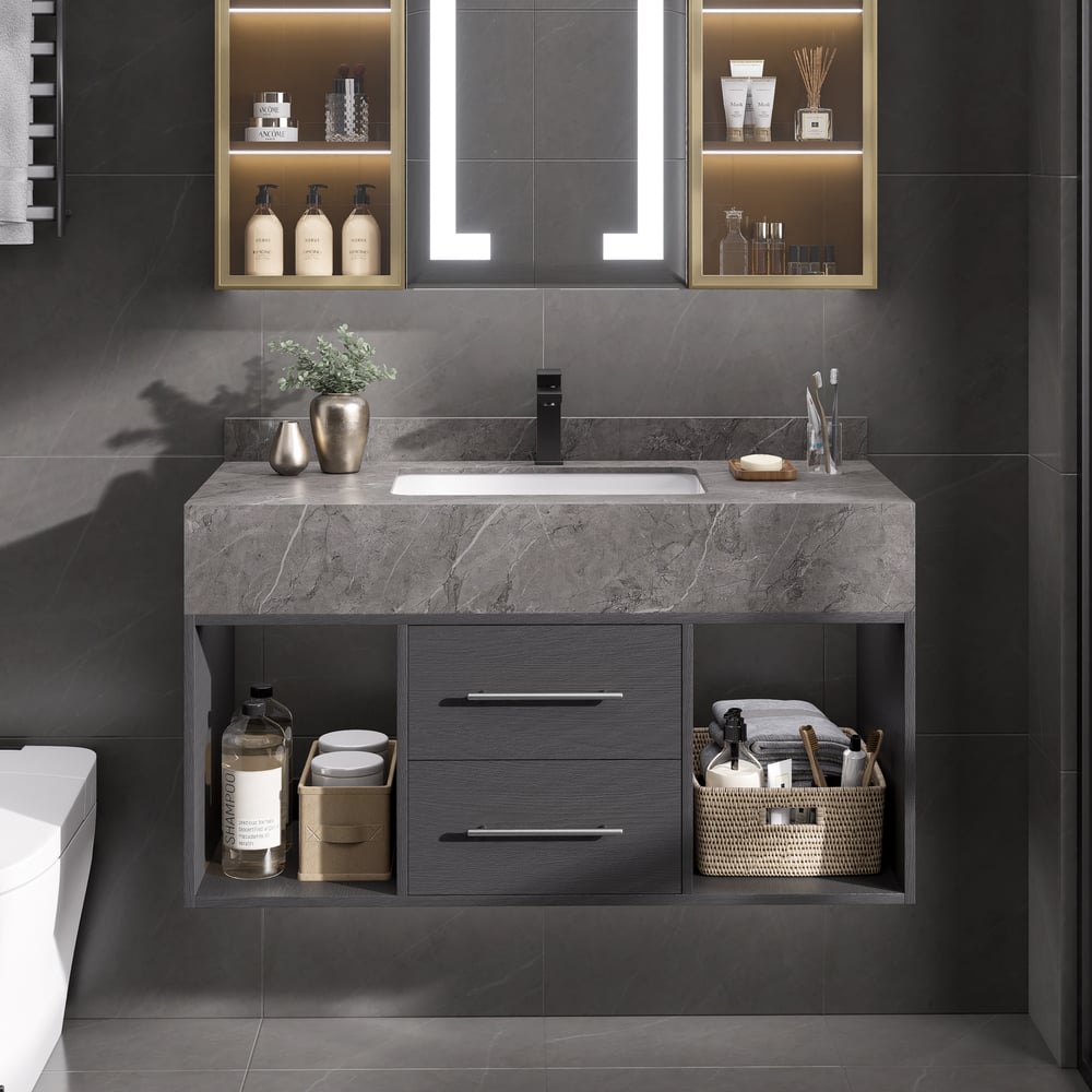 Tocador de baño flotante de 1000 mm con lavabo de piedra sinterizada, negro y gris