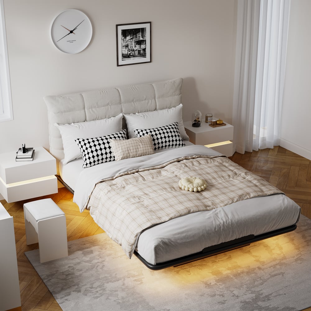 Cadre de lit flottant moderne avec lumière ambiante automatique, 140 x 200 cm image de fenêtre