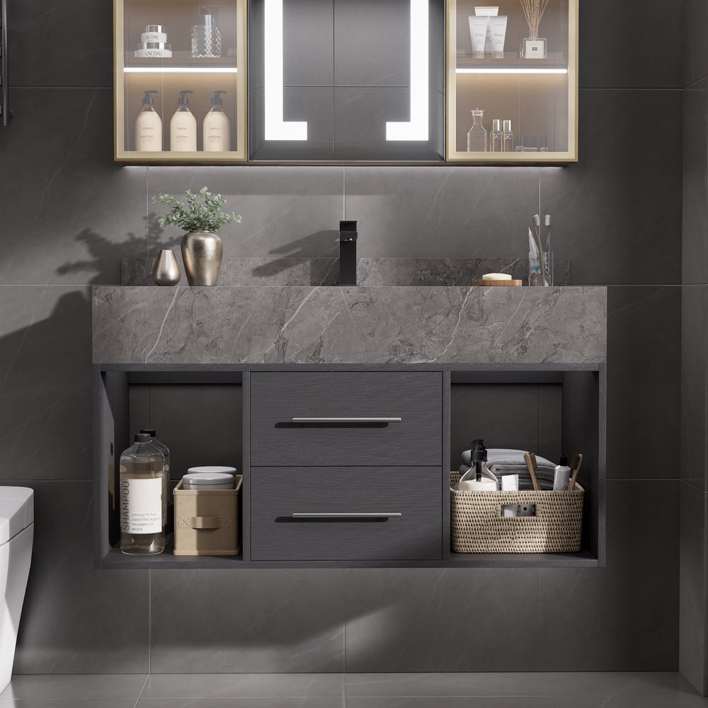 Tocador de baño flotante de 1000 mm con lavabo de piedra sinterizada, negro y gris