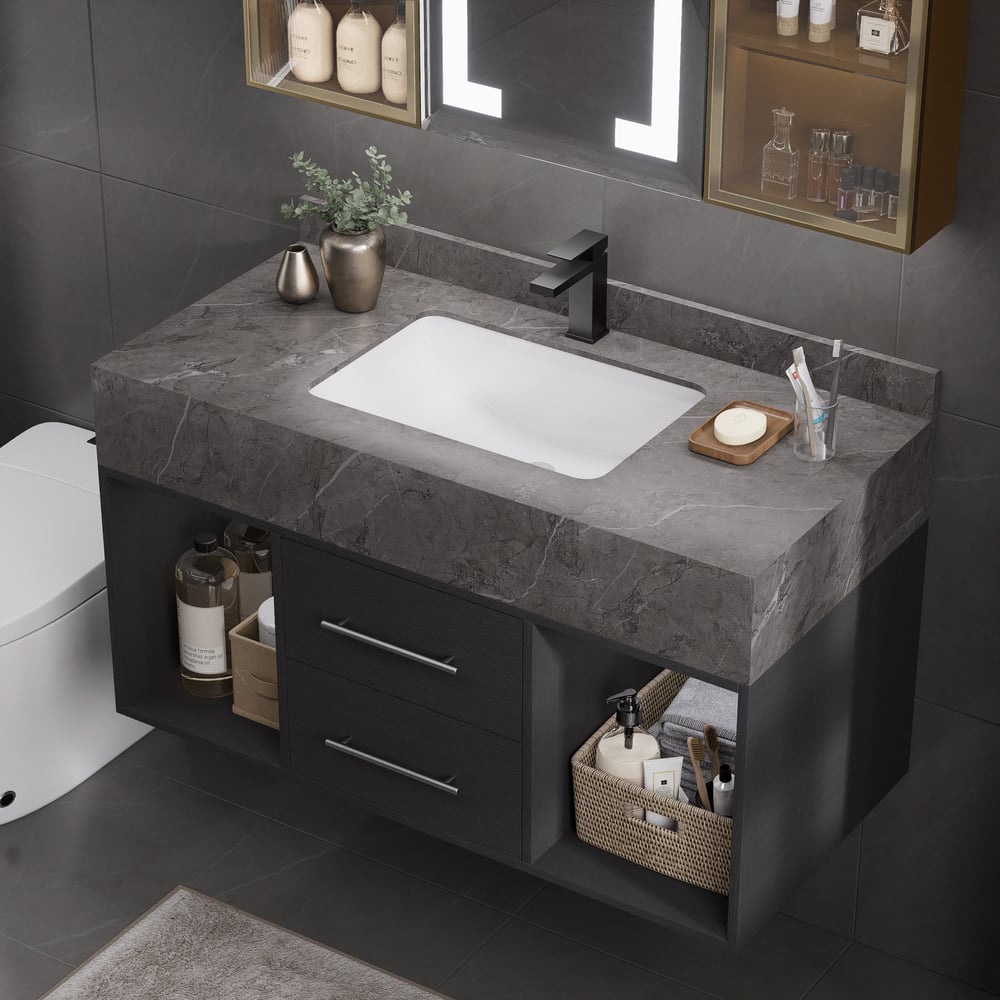 Tocador de baño flotante de 1000 mm con lavabo de piedra sinterizada, negro y gris