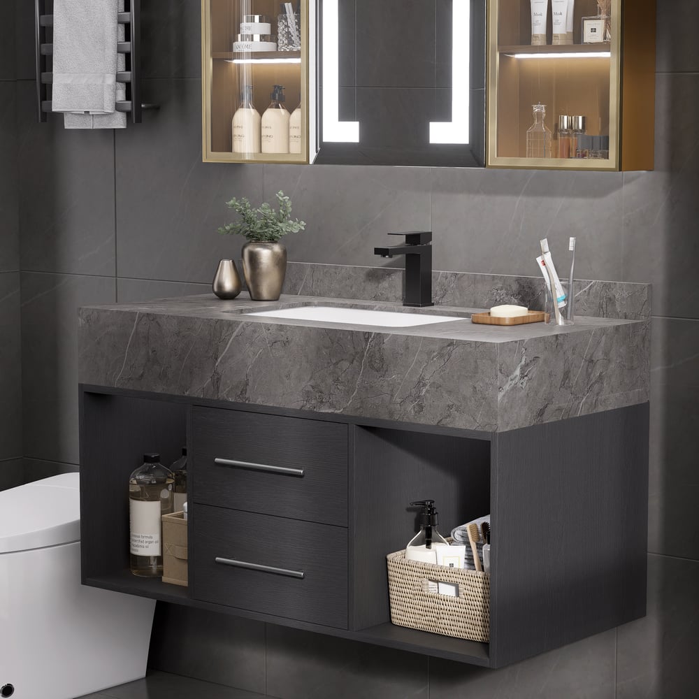 Tocador de baño flotante de 1000 mm con lavabo de piedra sinterizada, negro y gris