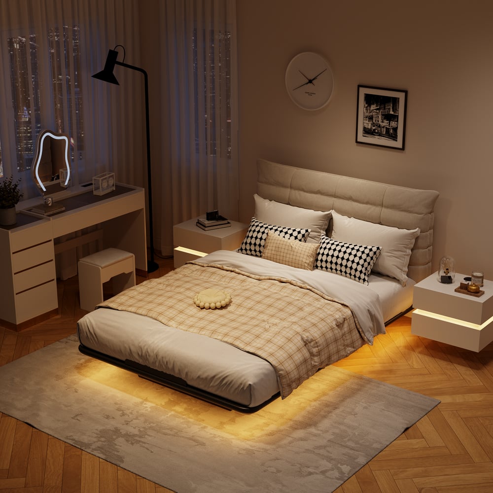 Cadre de lit flottant moderne avec lumière ambiante automatique, 140 x 200 cm image de fenêtre