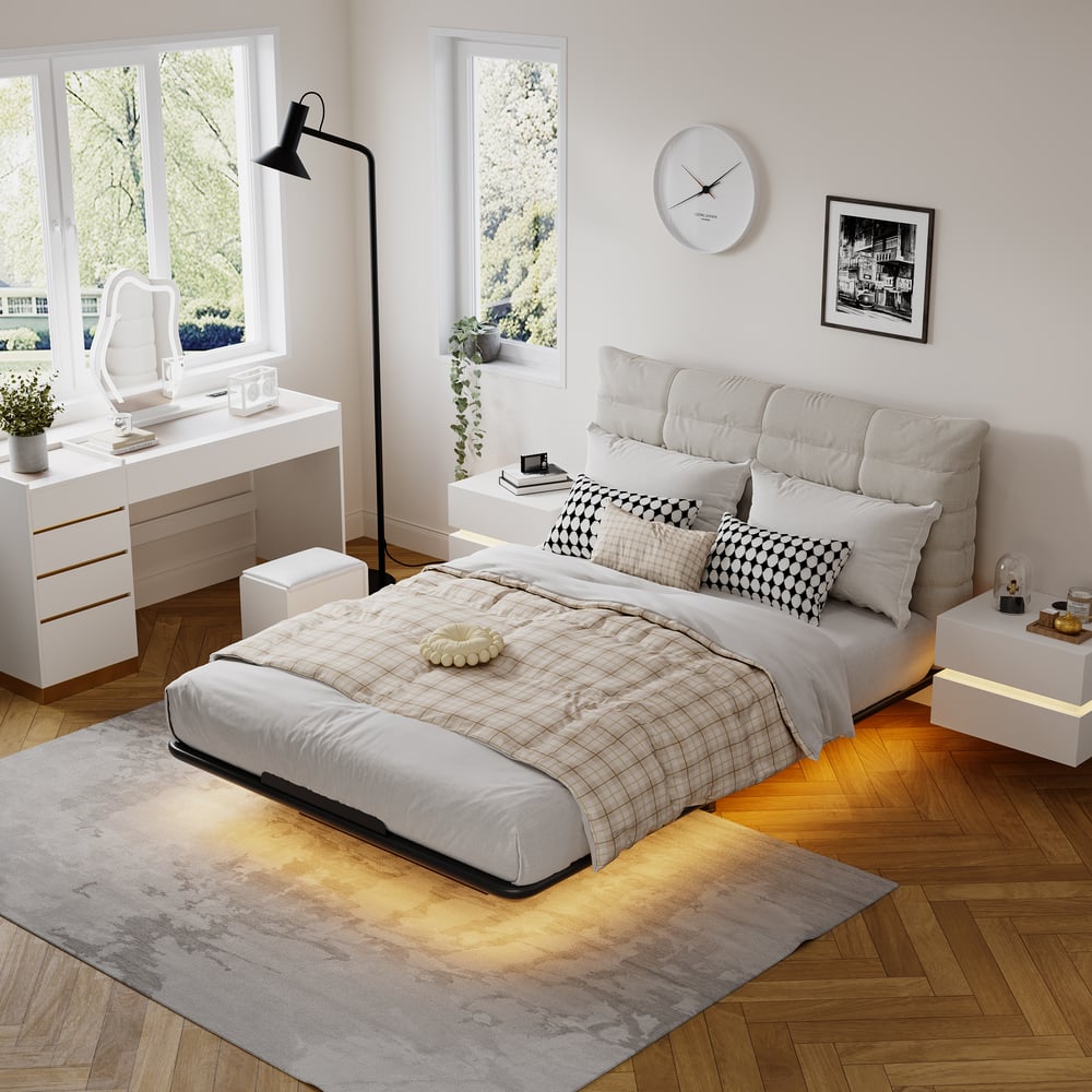 Cadre de lit flottant moderne avec lumière ambiante automatique, 140 x 200 cm image de fenêtre