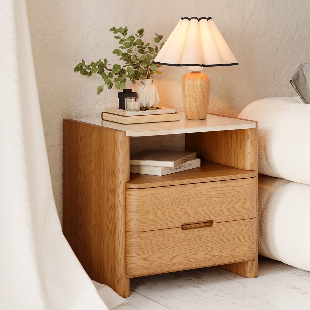 Modern Sintered Stone Top Nightstand with Drawers & Shelf window image