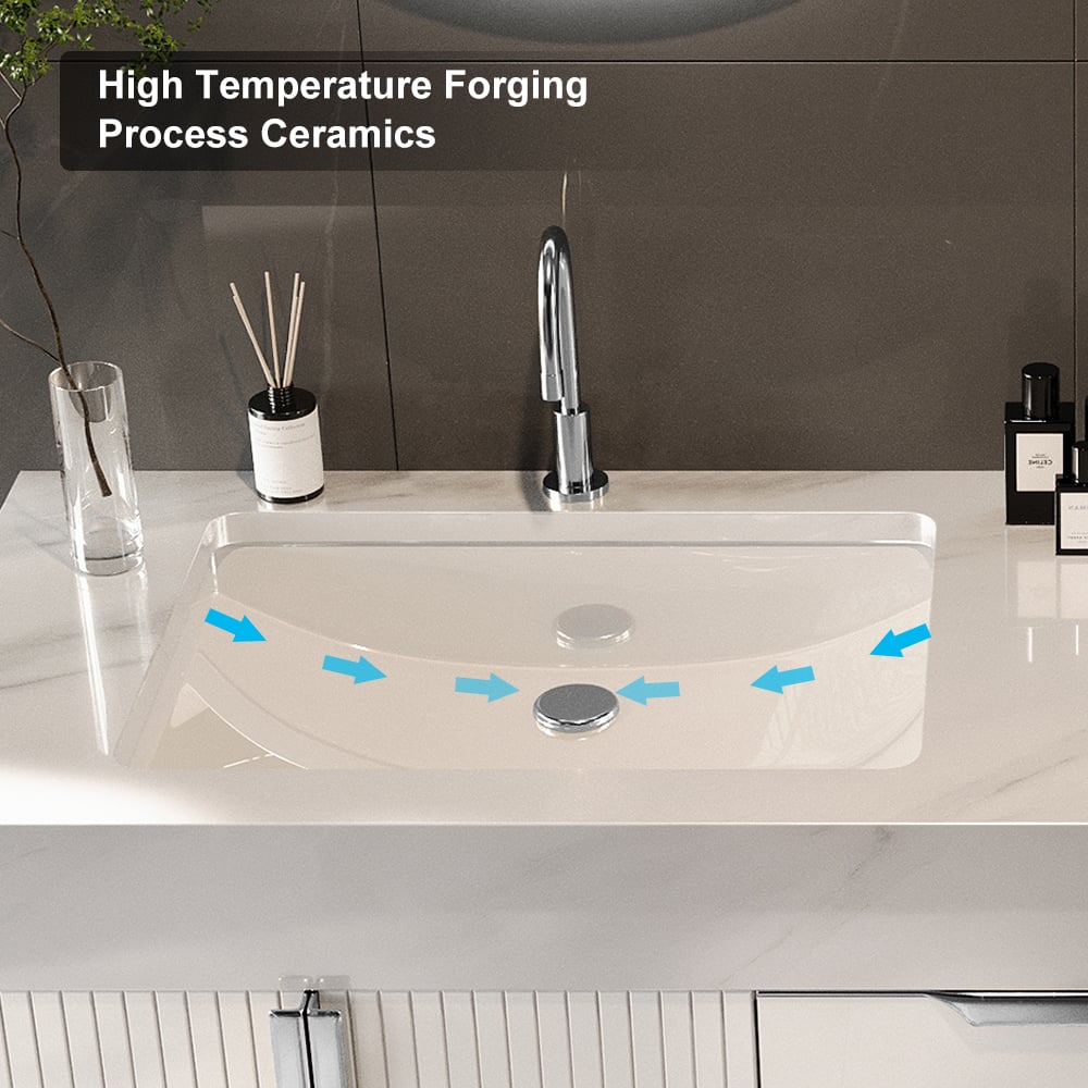 Tocador de baño montado en la pared de 1500 mm con encimera de mármol sintético con lavabo doble, color blanco
