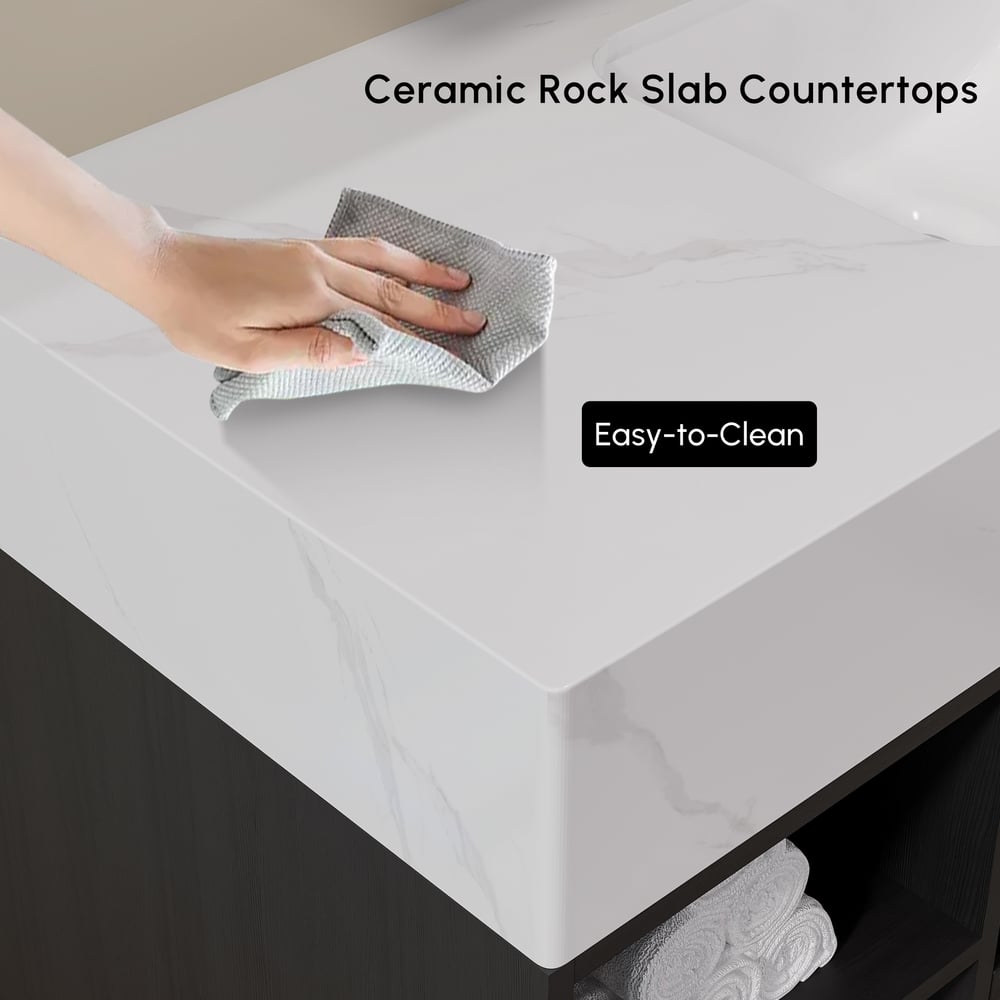 Ensemble de vanité de salle de bain flottant de 1200 mm avec lavabo en céramique, 2 tiroirs et étagères ouvertes en noir image de fenêtre