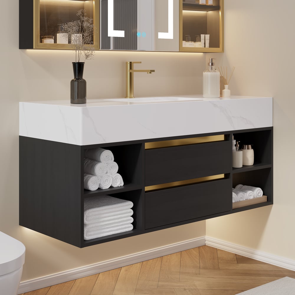 Ensemble de vanité de salle de bain flottant de 1200 mm avec lavabo en céramique, 2 tiroirs et étagères ouvertes en noir image de fenêtre