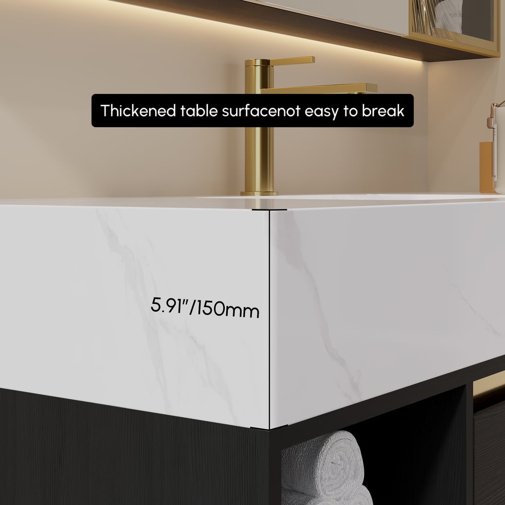 Ensemble de vanité de salle de bain flottant de 1200 mm avec lavabo en céramique, 2 tiroirs et étagères ouvertes en noir image de fenêtre