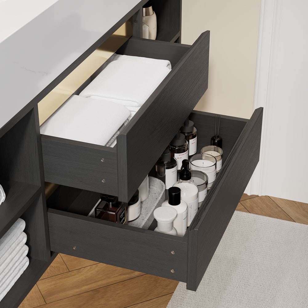 Ensemble de vanité de salle de bain flottant de 1200 mm avec lavabo en céramique, 2 tiroirs et étagères ouvertes en noir image de fenêtre