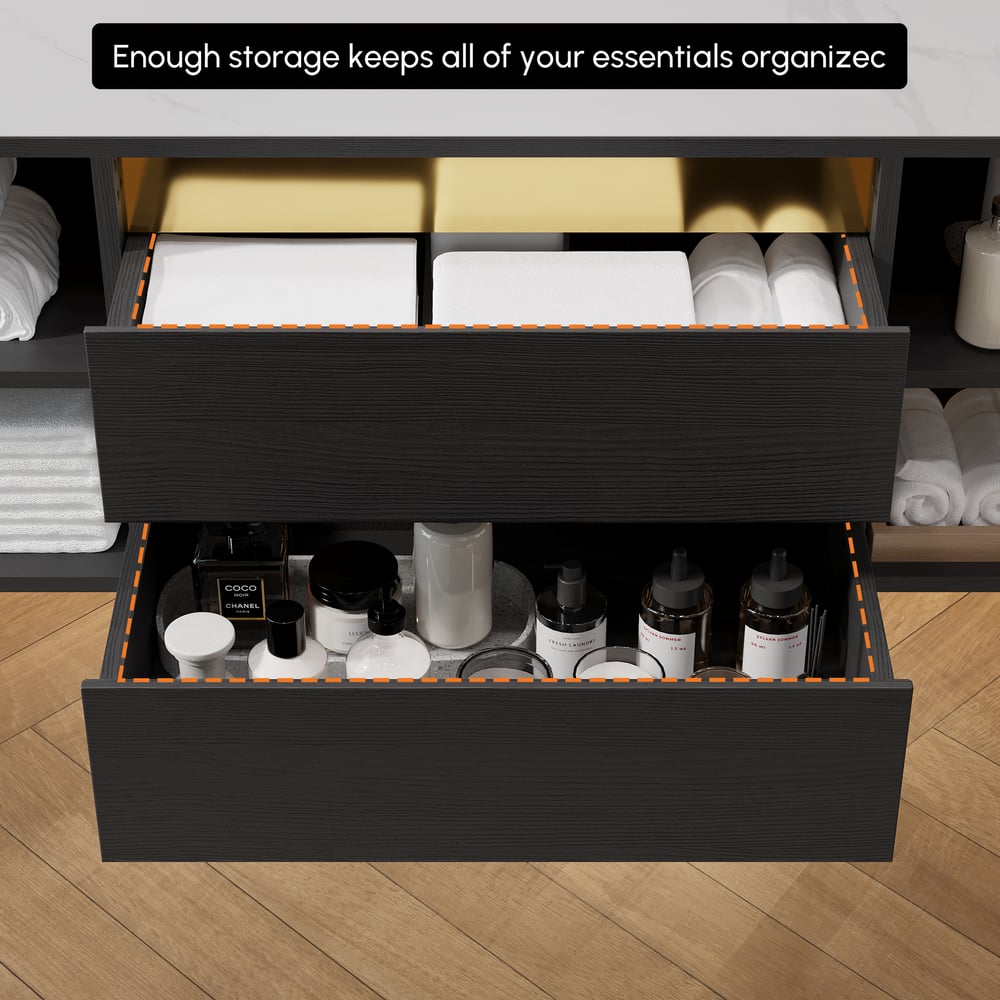 1200mm Floating Bathroom Vanity Set with Ceramic Basin 2 Drawers & Open Shelves in Black window image