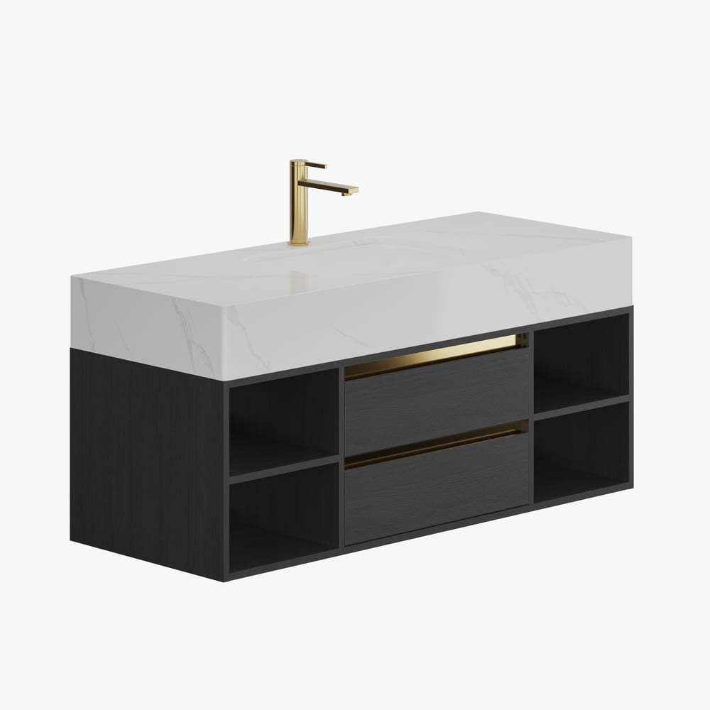 Ensemble de vanité de salle de bain flottant de 1200 mm avec lavabo en céramique, 2 tiroirs et étagères ouvertes en noir image de fenêtre