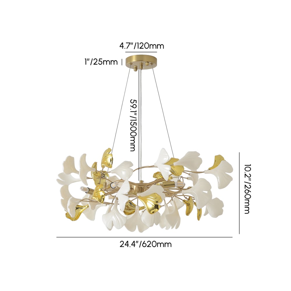 Martly 6-Light Art Deco Ginkgo Leaves Chandelier White & Gold Metal Ceiling Light weights dimensions image