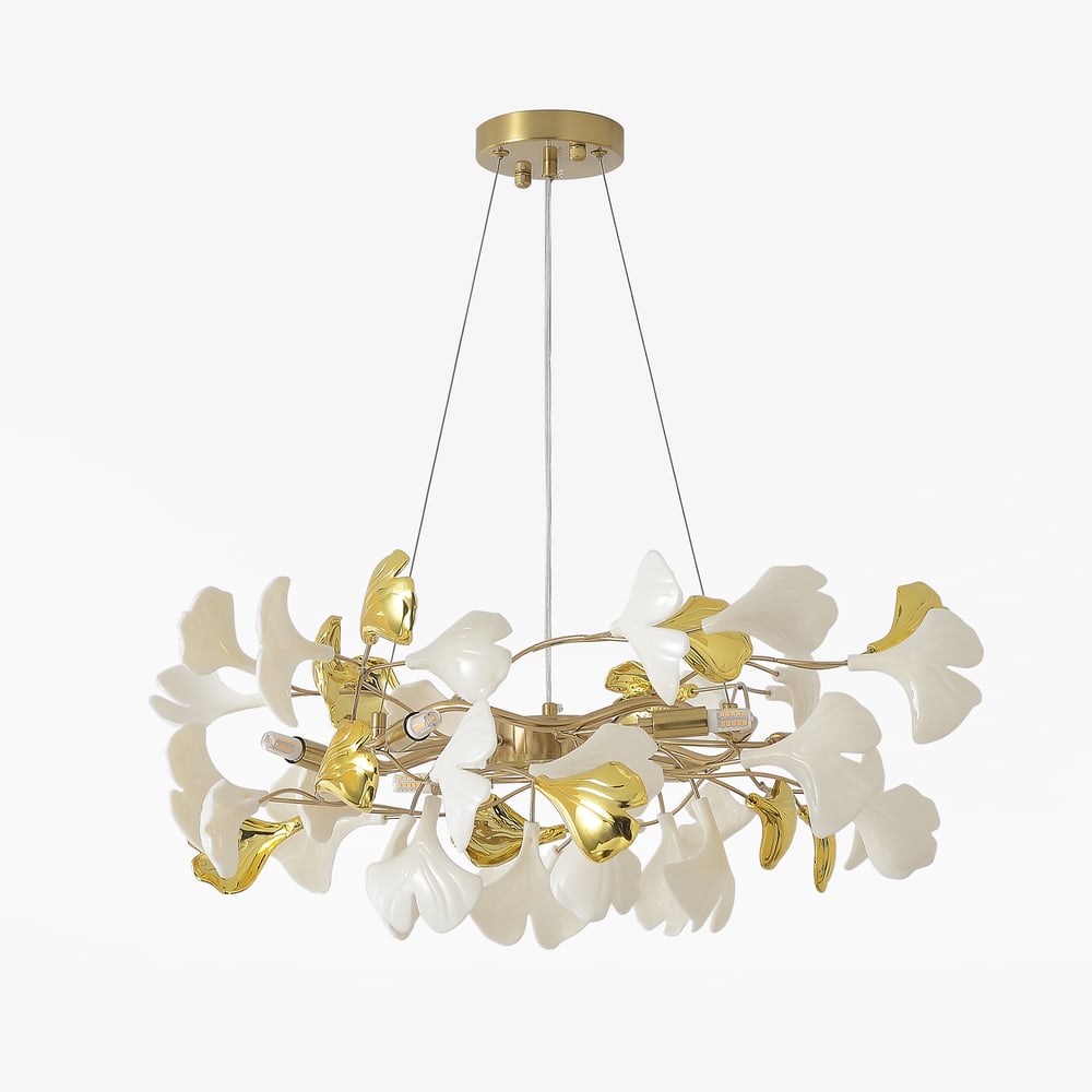 Martly 6-Light Art Deco Ginkgo Leaves Chandelier White & Gold Metal Ceiling Light window image