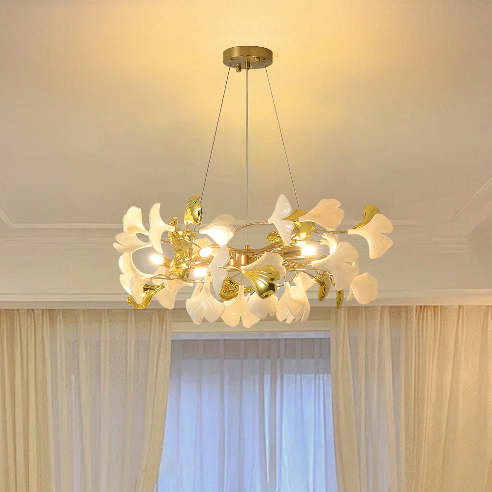 Martly 6-Light Art Deco Ginkgo Leaves Chandelier White & Gold Metal Ceiling Light window image