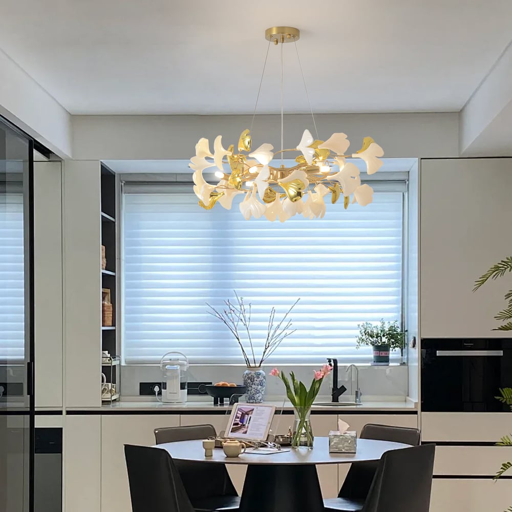 Martly 6-Light Art Deco Ginkgo Leaves Chandelier White & Gold Metal Ceiling Light window image