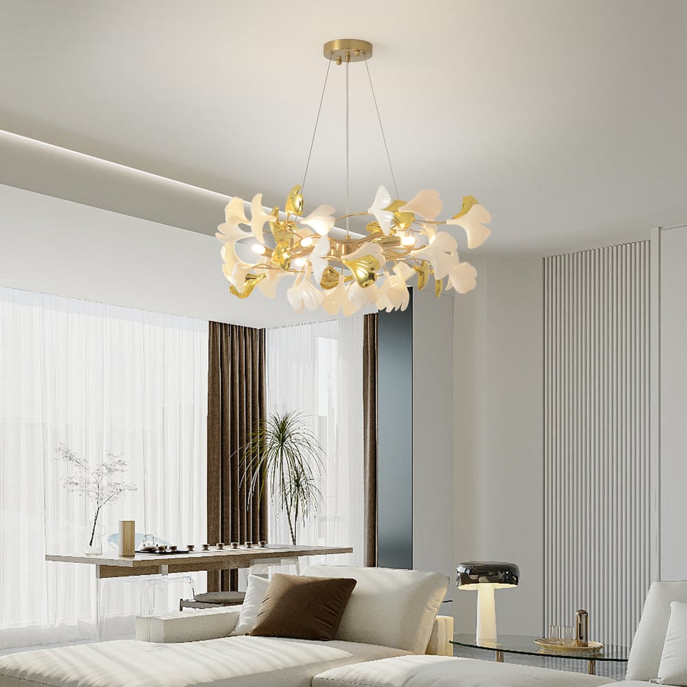 Martly 6-Light Art Deco Ginkgo Leaves Chandelier White & Gold Metal Ceiling Light window image
