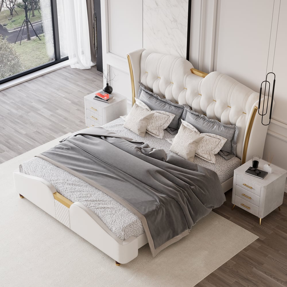 Super King Size Upholstered Bed Frame with Tufted Wingback Headboard window image