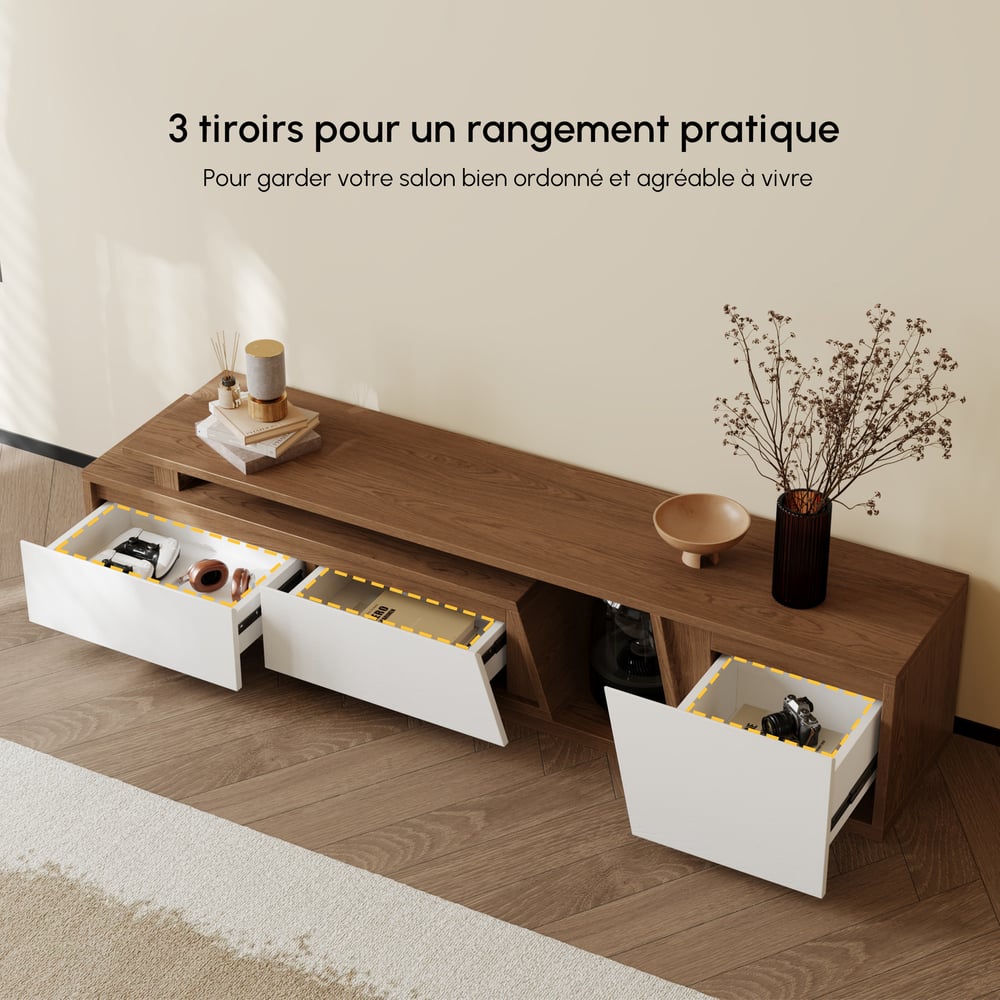 Meuble TV extensible Fero en noyer avec 3 tiroirs (1800 mm à 2800 mm) image de fenêtre