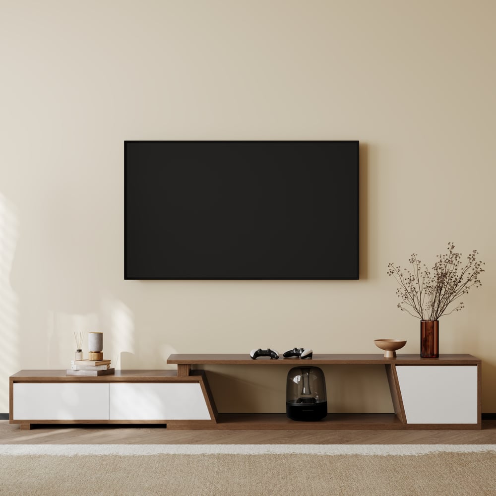 Meuble TV extensible Fero avec 3 tiroirs de 180 cm de couleur blanc et noyer image de fenêtre