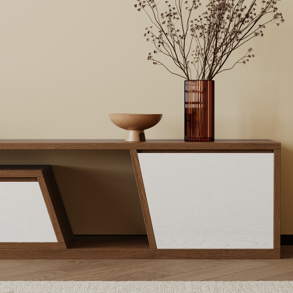 Meuble TV extensible Fero avec 3 tiroirs de 180 cm de couleur blanc et noyer image de fenêtre