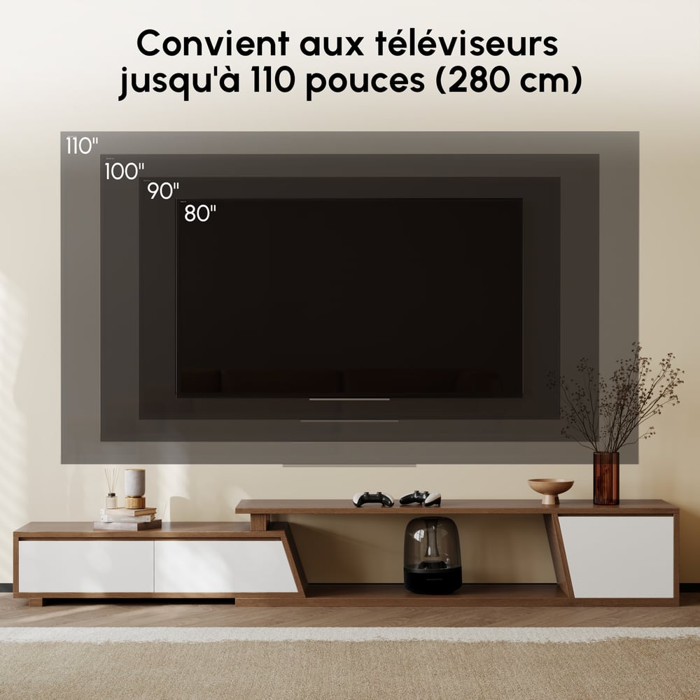 Meuble TV extensible Fero en noyer avec 3 tiroirs (1800 mm à 2800 mm) image de fenêtre