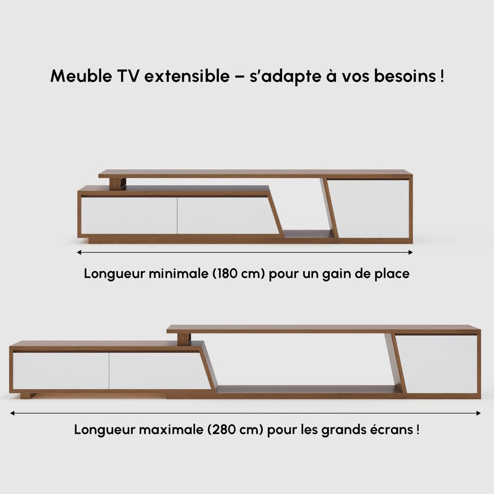 Meuble TV extensible Fero en noyer avec 3 tiroirs (1800 mm à 2800 mm) Poids, dimensions, image