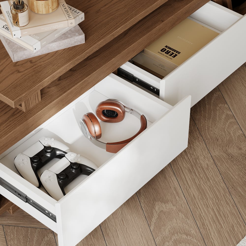 Meuble TV extensible Fero avec 3 tiroirs de 180 cm de couleur blanc et noyer image de fenêtre