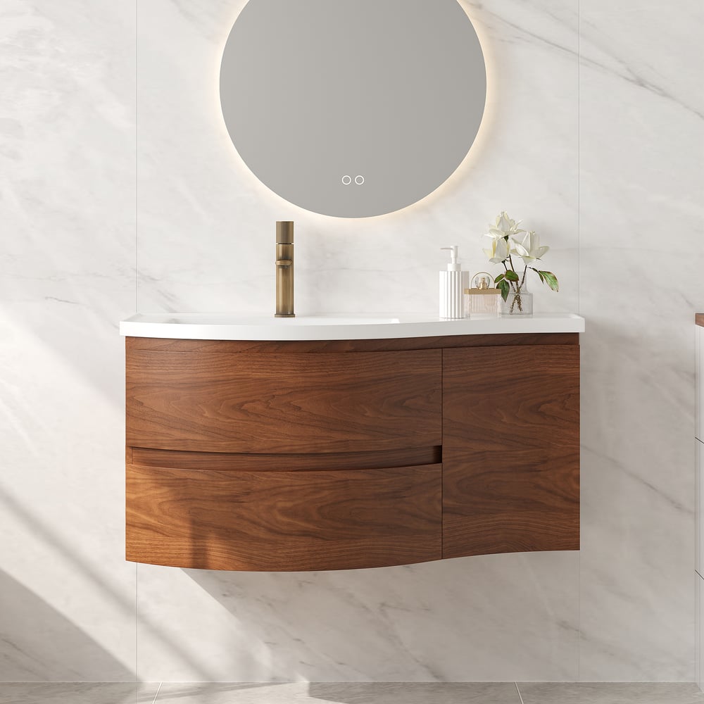 35" Floating Curved Bathroom Vanity Half-Circle Bathroom Cabinet Walnut