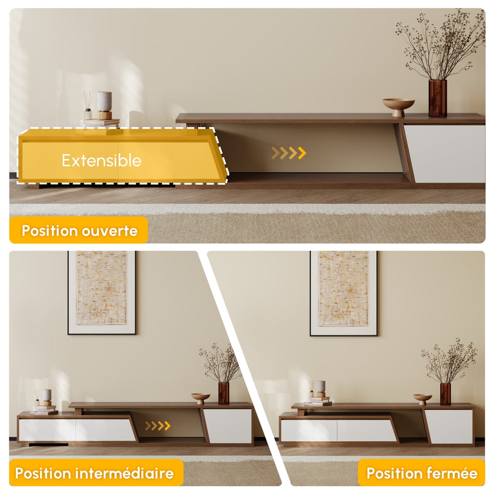 Meuble TV extensible Fero en noyer avec 3 tiroirs (1800 mm à 2800 mm) image de fenêtre