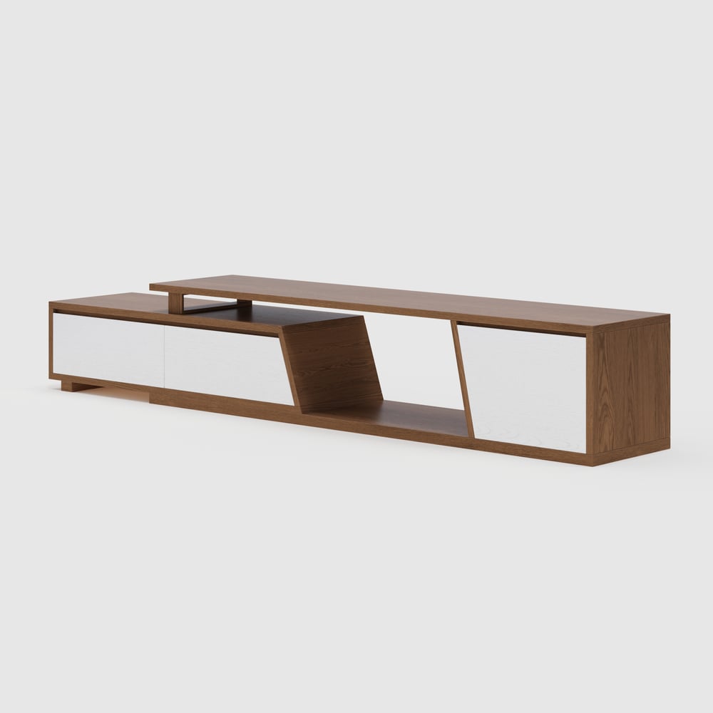 Meuble TV extensible Fero avec 3 tiroirs de 180 cm de couleur blanc et noyer image de fenêtre